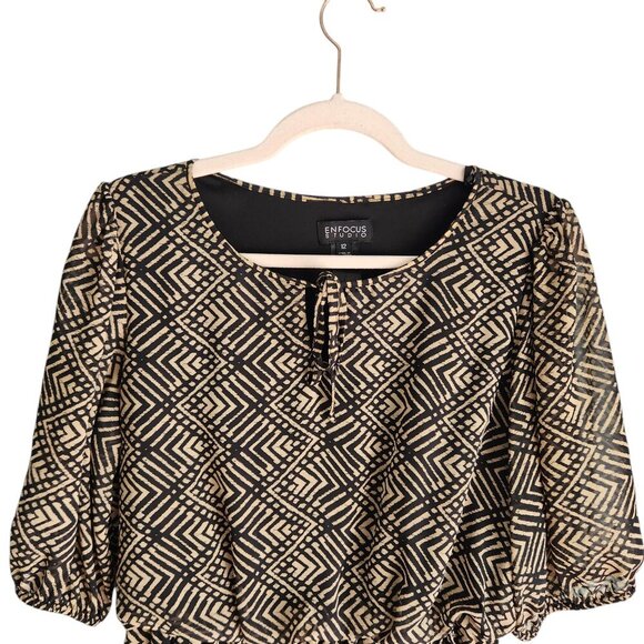 En Focus Dress 12 Brown Black Geometric Print Women's Short 3/4 Sleeve Lined - Picture 2 of 9